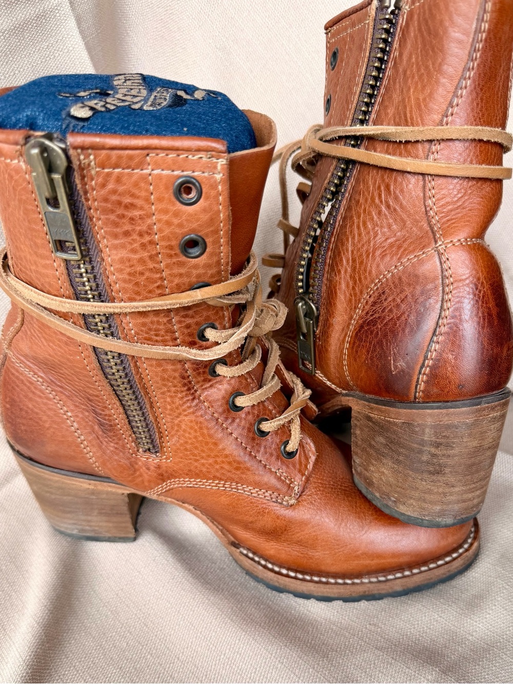 Freebird by Steven Cognac Lace-Up Leather Ankle Boots with Side Zipper